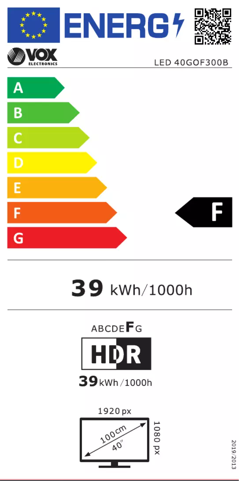 Page 1 de la notice Label énergétique VOX LED 40GOF300B