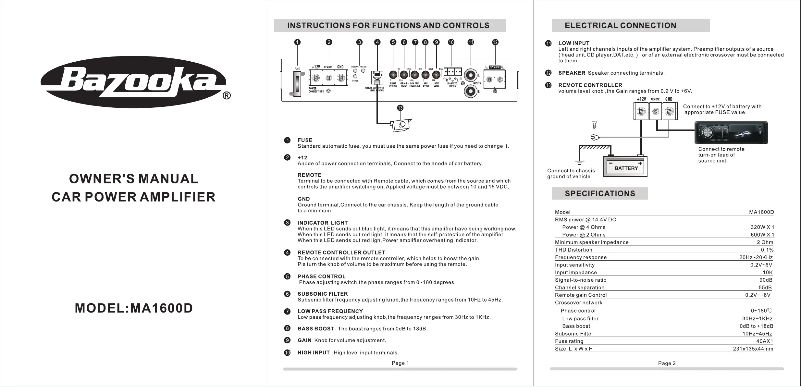 Page 1 de la notice Manuel utilisateur Bazooka MA1600D