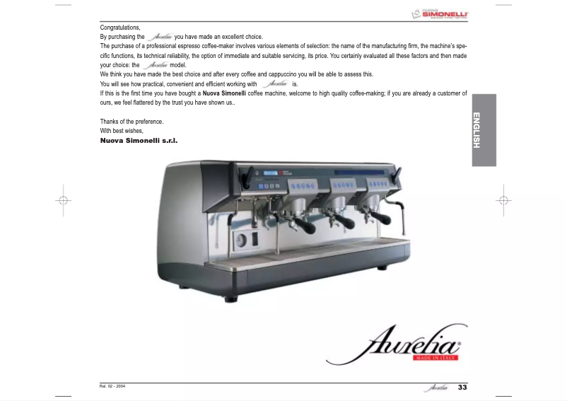 Page 1 de la notice Manuel utilisateur Nuova Simonelli Aurelia