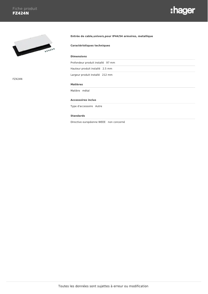 Page 1 de la notice Fiche technique Hager FZ424N