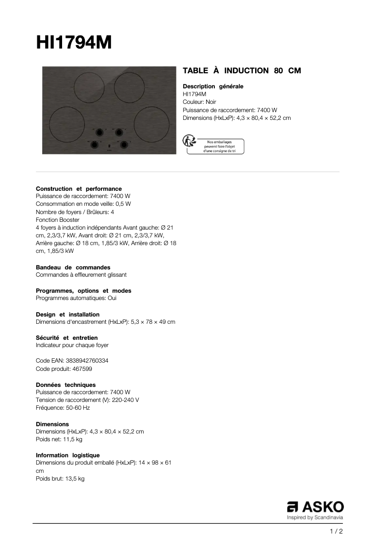 Page 1 de la notice Fiche technique Asko HI 1794 M