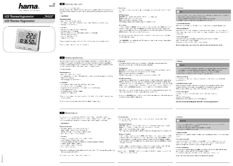 Page 1 de la notice Manuel utilisateur Hama TH325