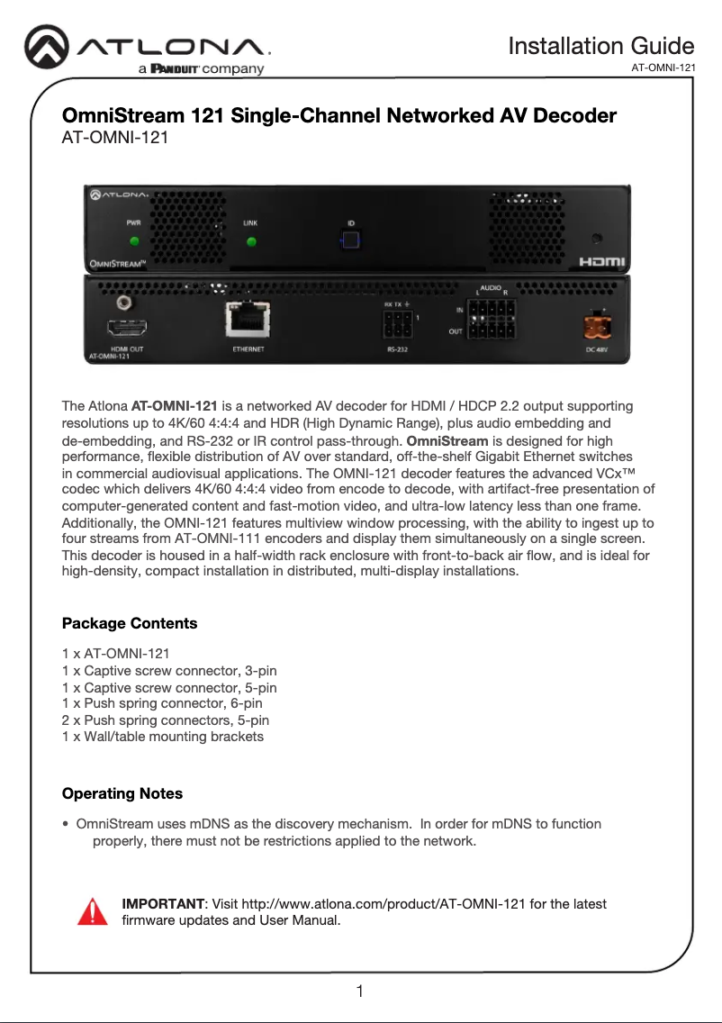 Page n°1 - Guide d'installation Atlona AT-OMNI-121