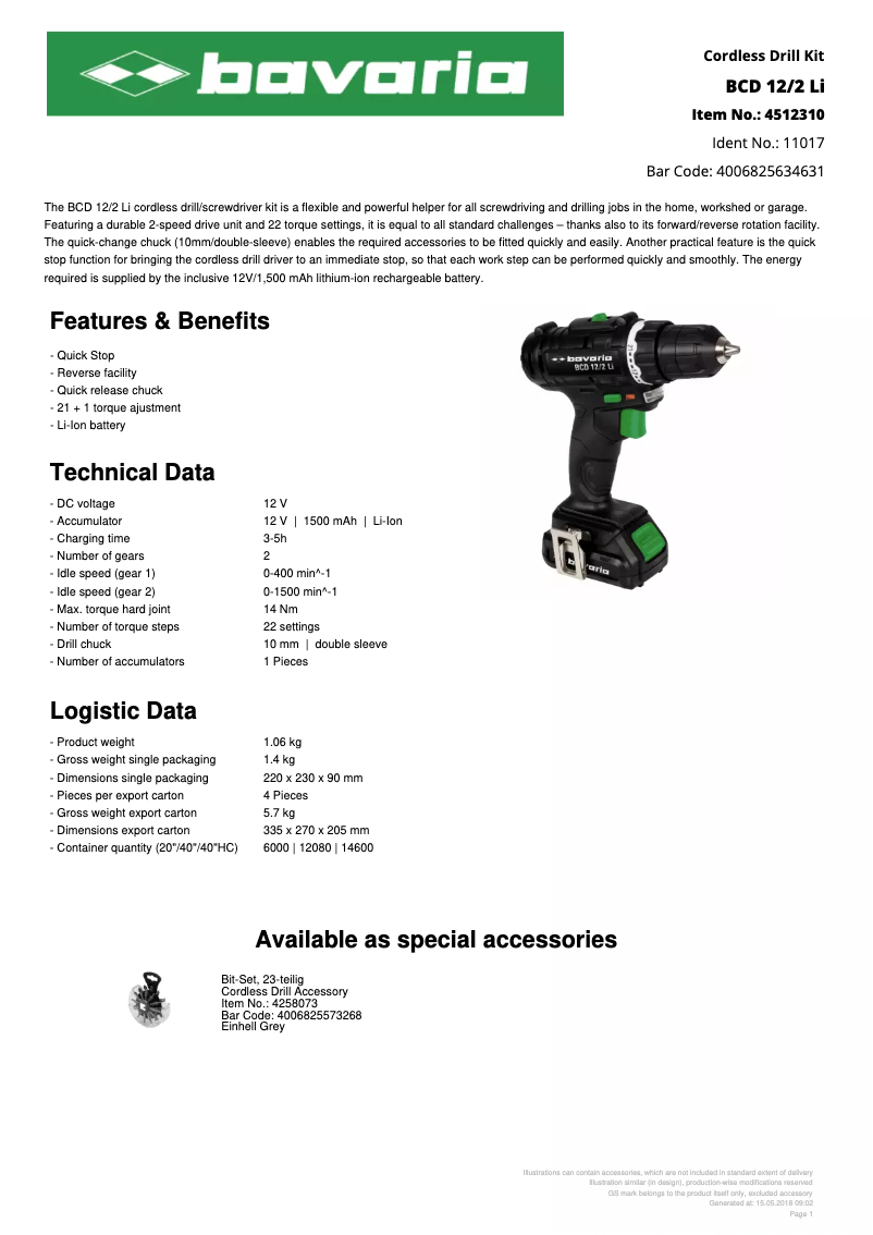 Page 1 de la notice Fiche technique Bavaria BCD 12/2 Li