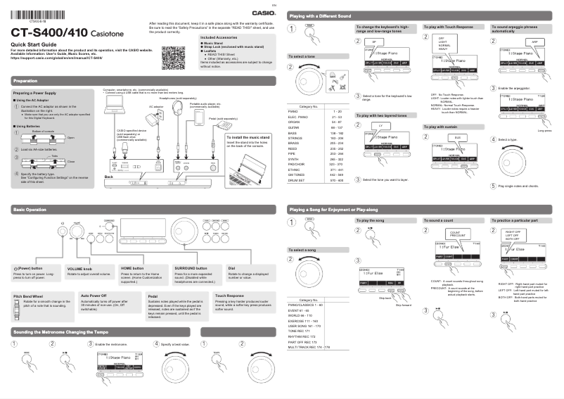 Page n°1 - Guide de démarrage rapide Casio Casiotone CT-S410