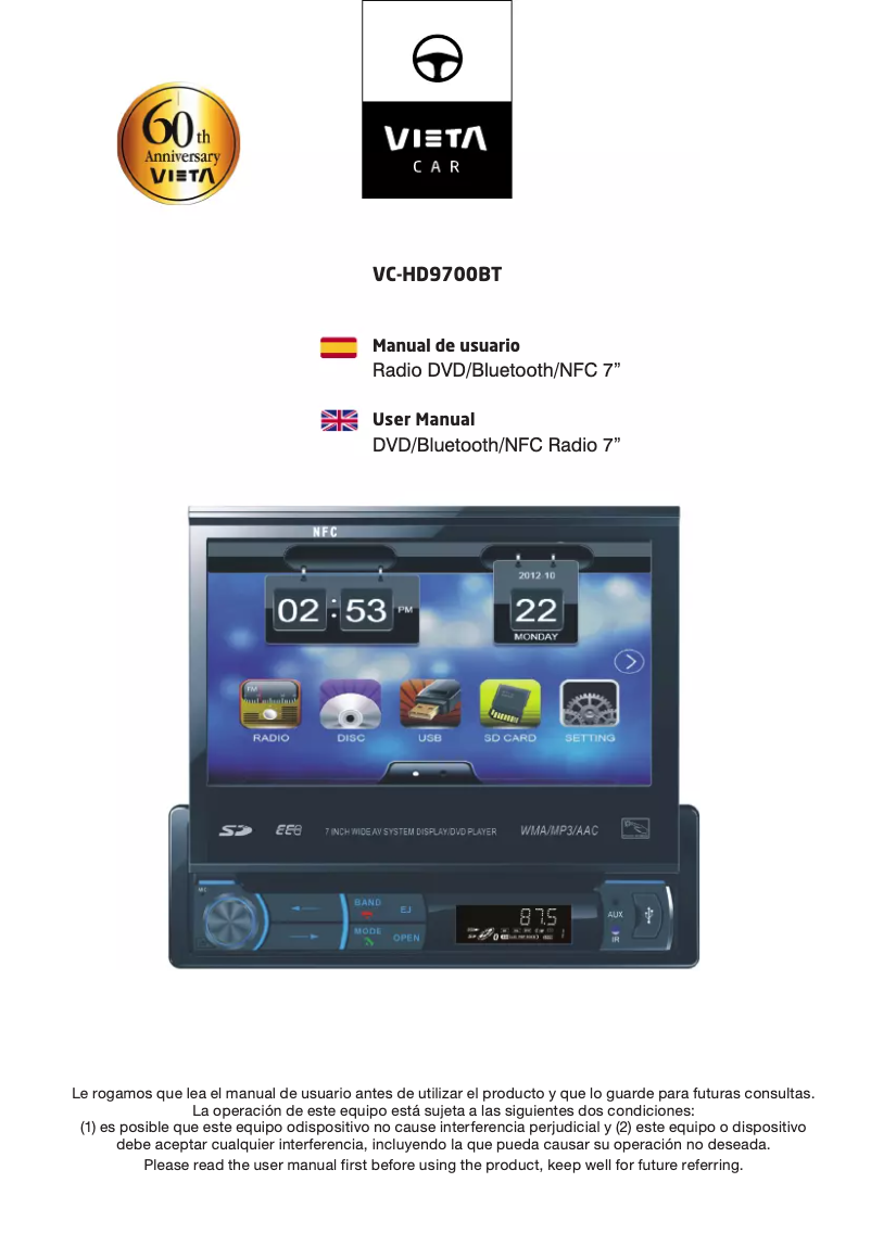 Page 1 de la notice Manuel utilisateur Vieta VC-HD9700BT