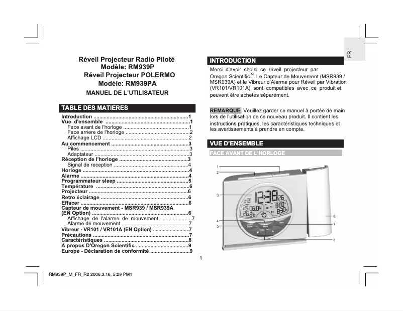 Page 1 de la notice Manuel utilisateur Oregon Scientific RM939P