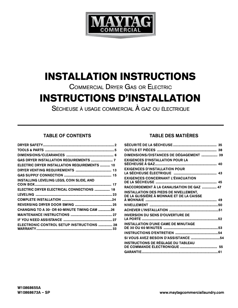 Page 1 de la notice Guide d'installation Maytag MDG20MNAWW