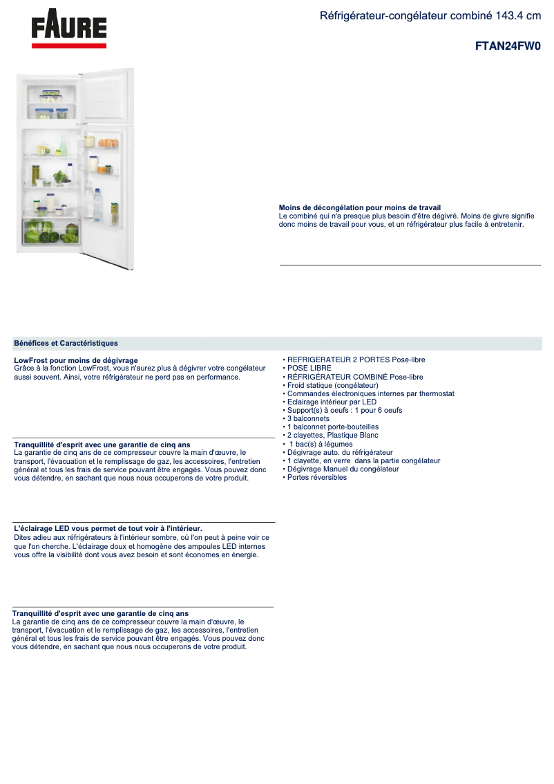 Page 1 de la notice Fiche technique Electrolux FTAN24FW0