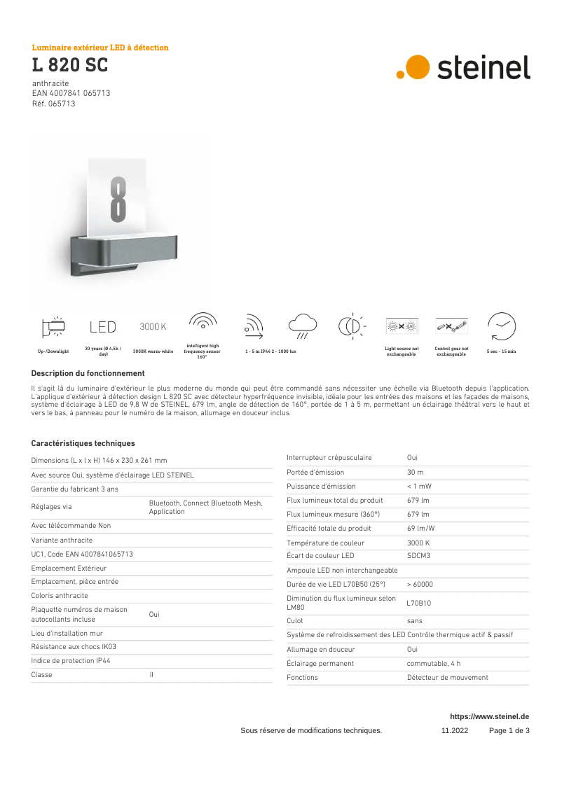 Page 1 de la notice Fiche technique Steinel L 820 S