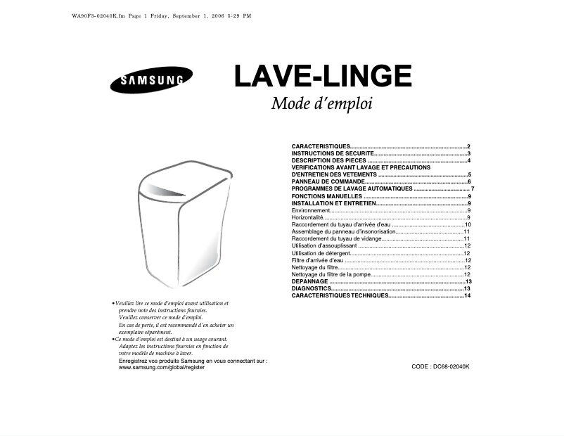 Page n°1 - Manuel utilisateur Samsung WA90F3