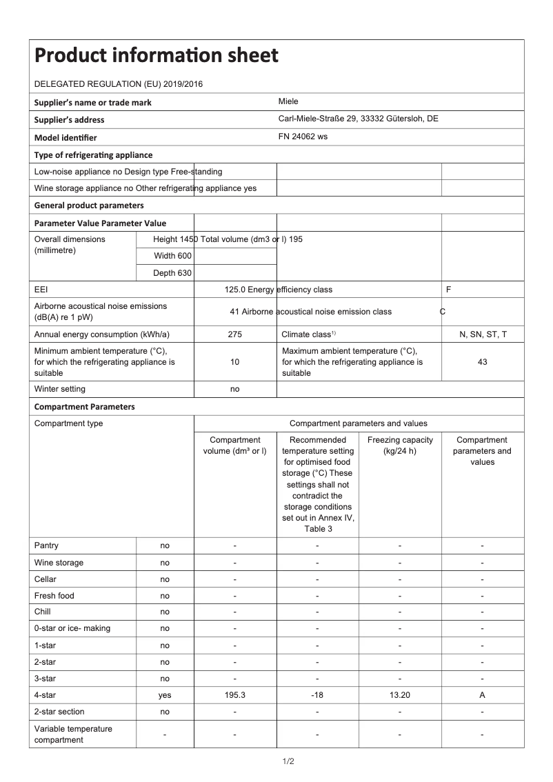 Page 1 de la notice Fiche technique Miele FN 24062 WS