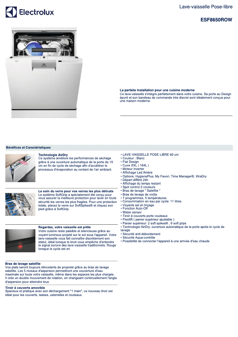 Page 1 de la notice Fiche technique Electrolux ESF8650ROW