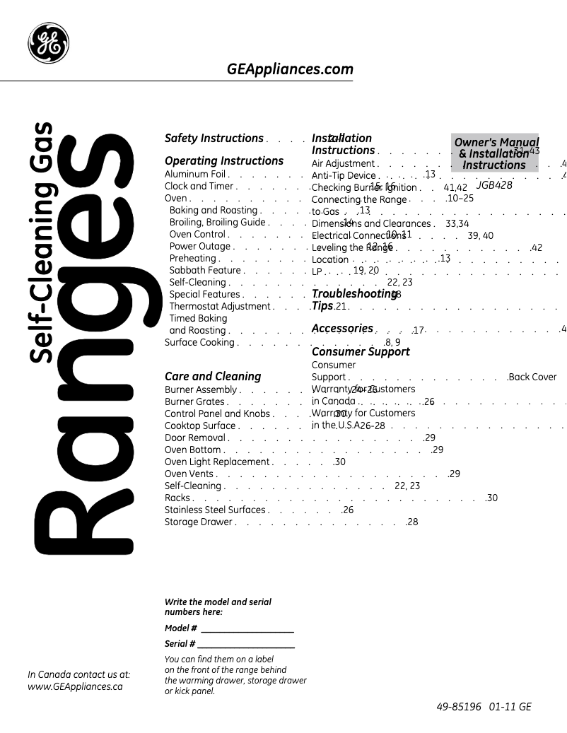 Page n°1 - Guide d'installation GE JGB428SERSS