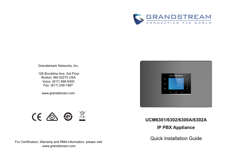 Page 1 de la notice Guide de démarrage rapide Grandstream UCM6300
