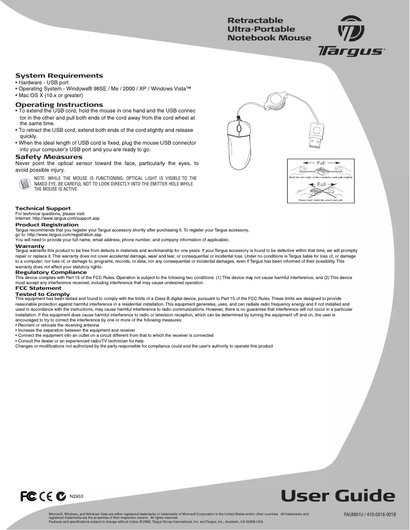 Page n°1 - Manuel utilisateur Targus PAUM01U