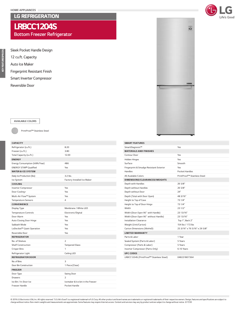 Page 1 de la notice Fiche technique LG LRBCC1204S