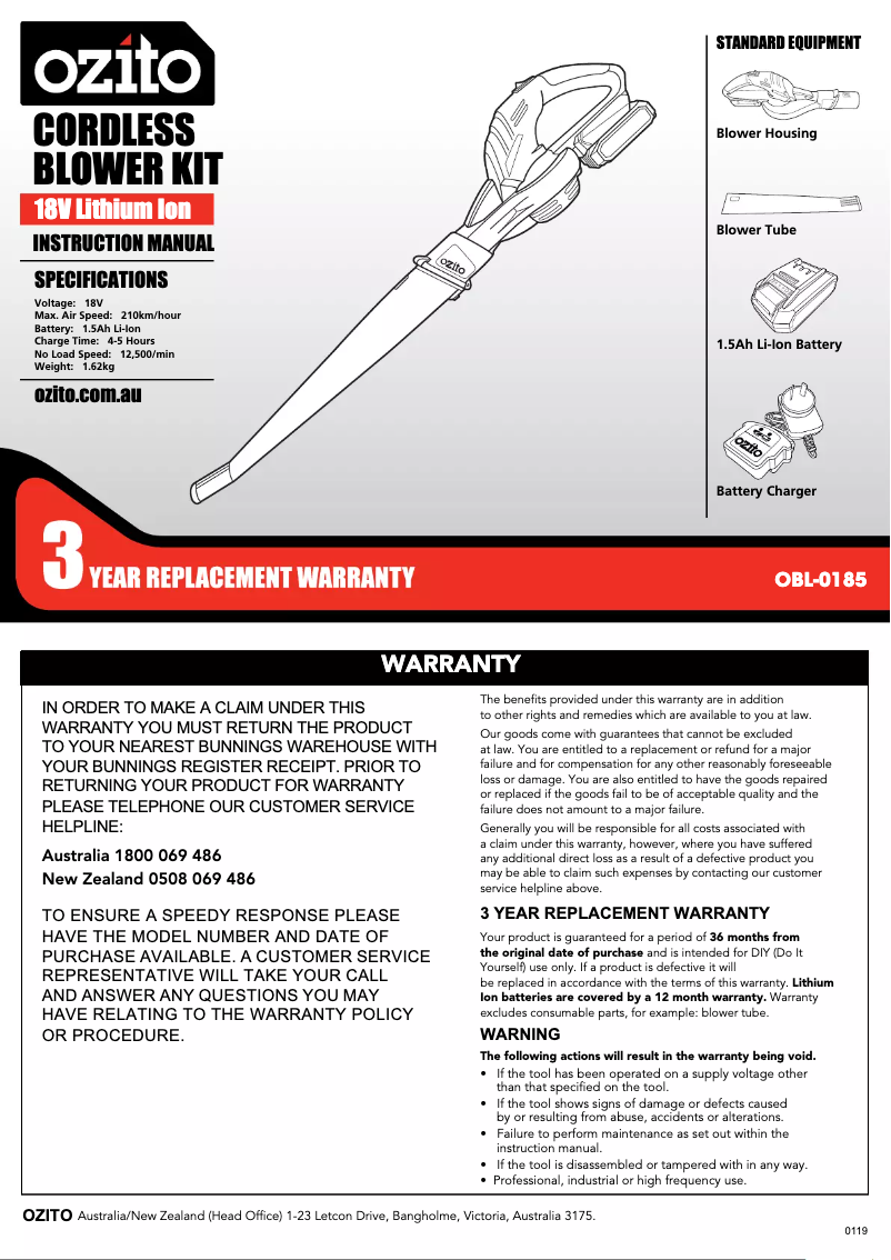 Página 1 del manual Manual de instrucciones Ozito OBL-0185