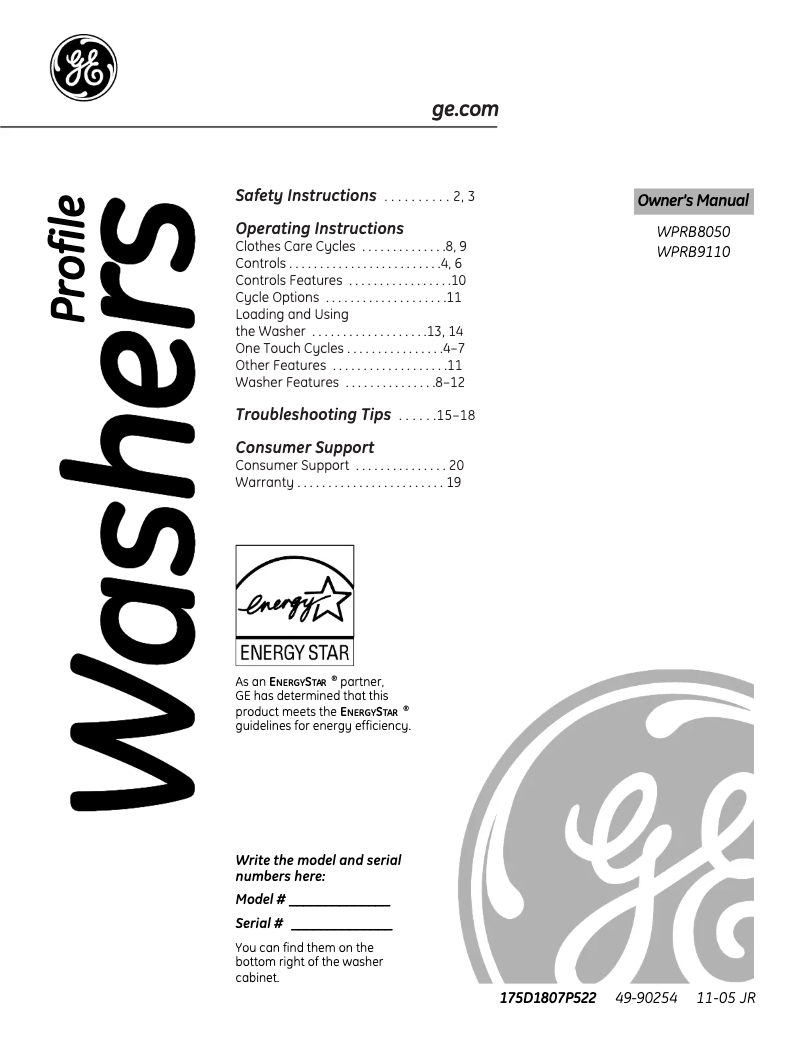 Image de la première page du manuel de l'appareil Profile WPRB9110DWW