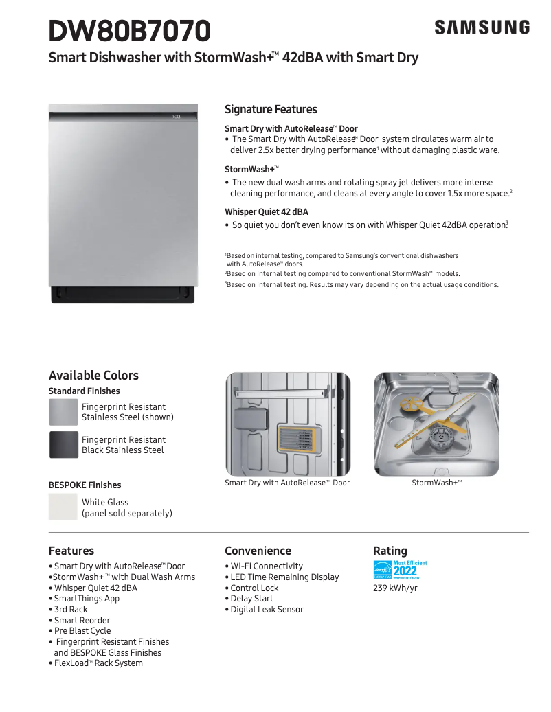 Page 1 de la notice Fiche technique Samsung DW80B7070US