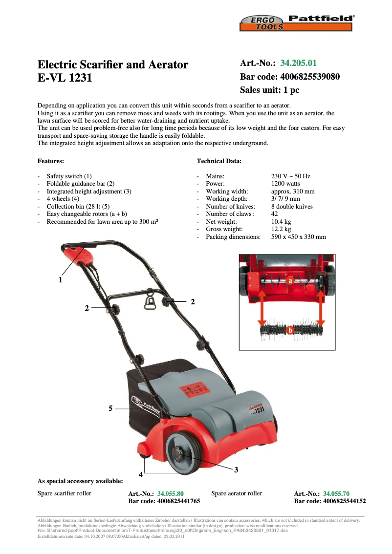 Page n°1 - Manuel utilisateur Ergotools Pattfield E-VL 1231