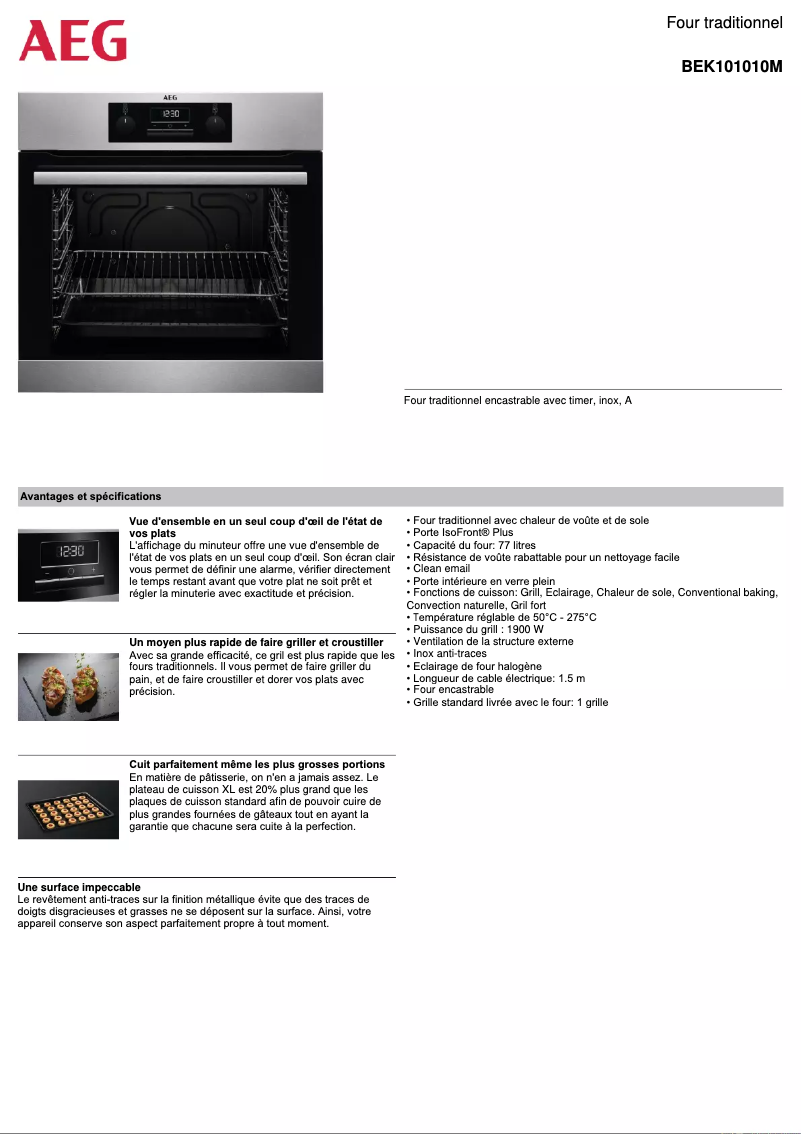 Page 1 de la notice Fiche technique AEG BEK101010M