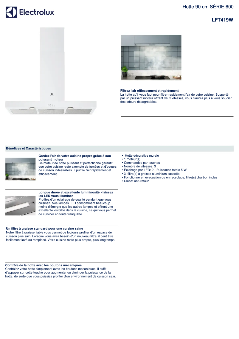 Page 1 de la notice Fiche technique Electrolux LFT419W