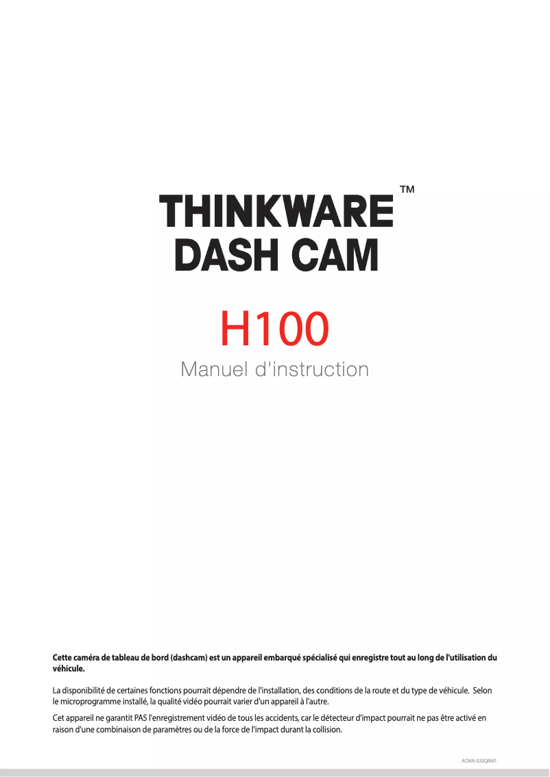 Page n°1 - Manuel utilisateur Thinkware Dash Cam H100