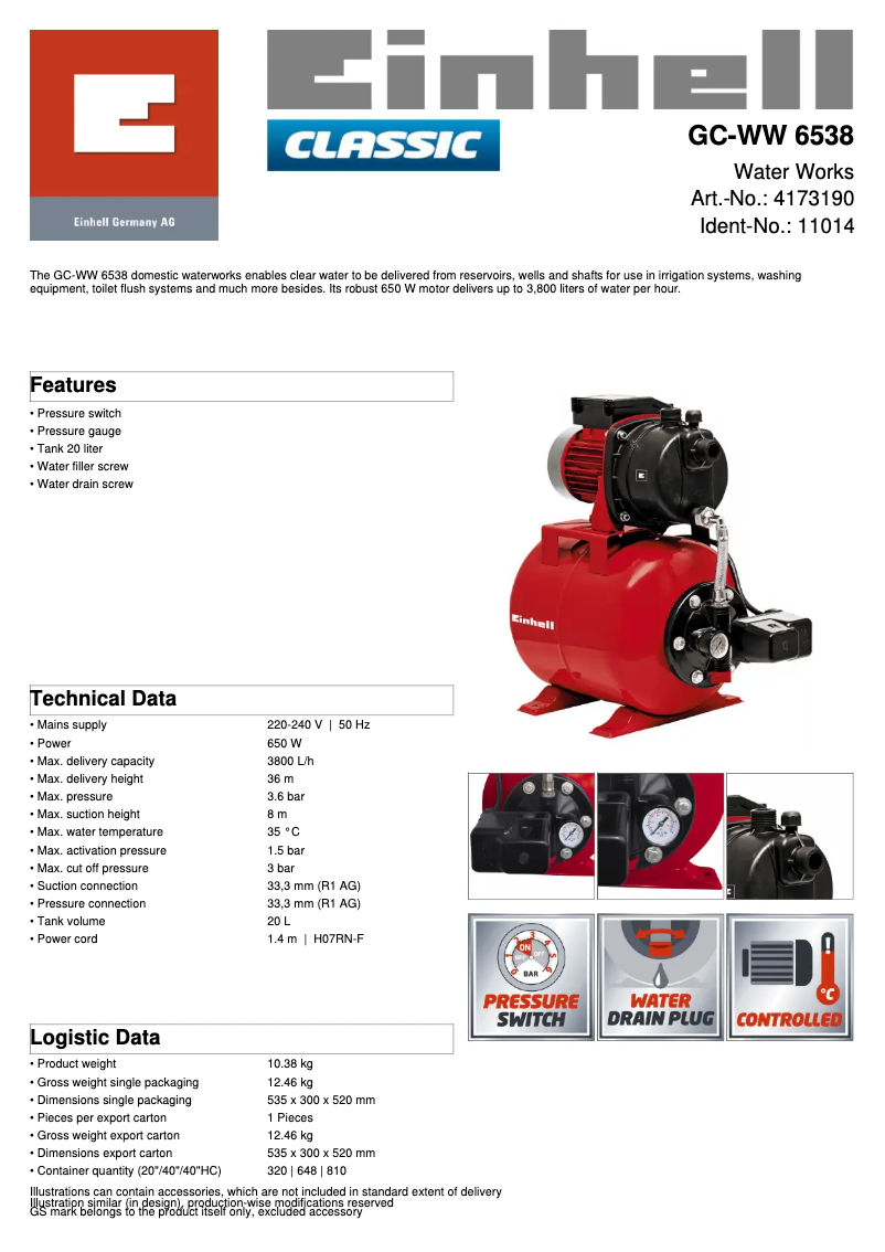 Page 1 de la notice Fiche technique Einhell GC-WW 6538