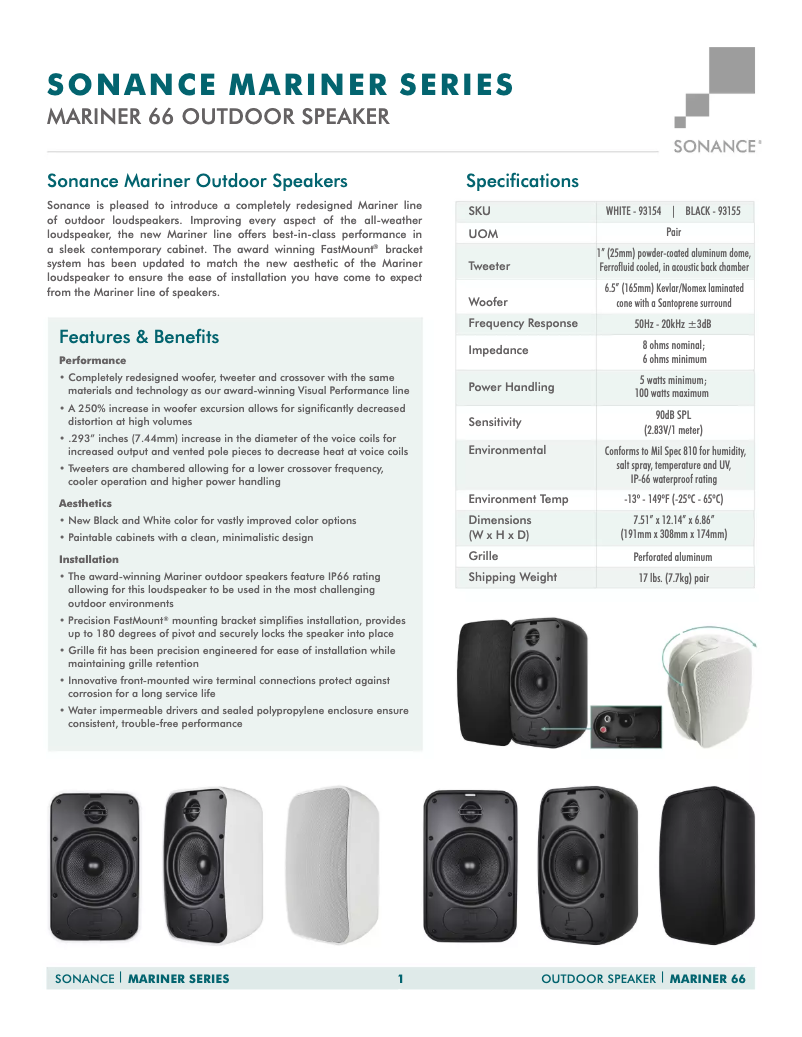 Page 1 de la notice Fiche technique Sonance Mariner 66