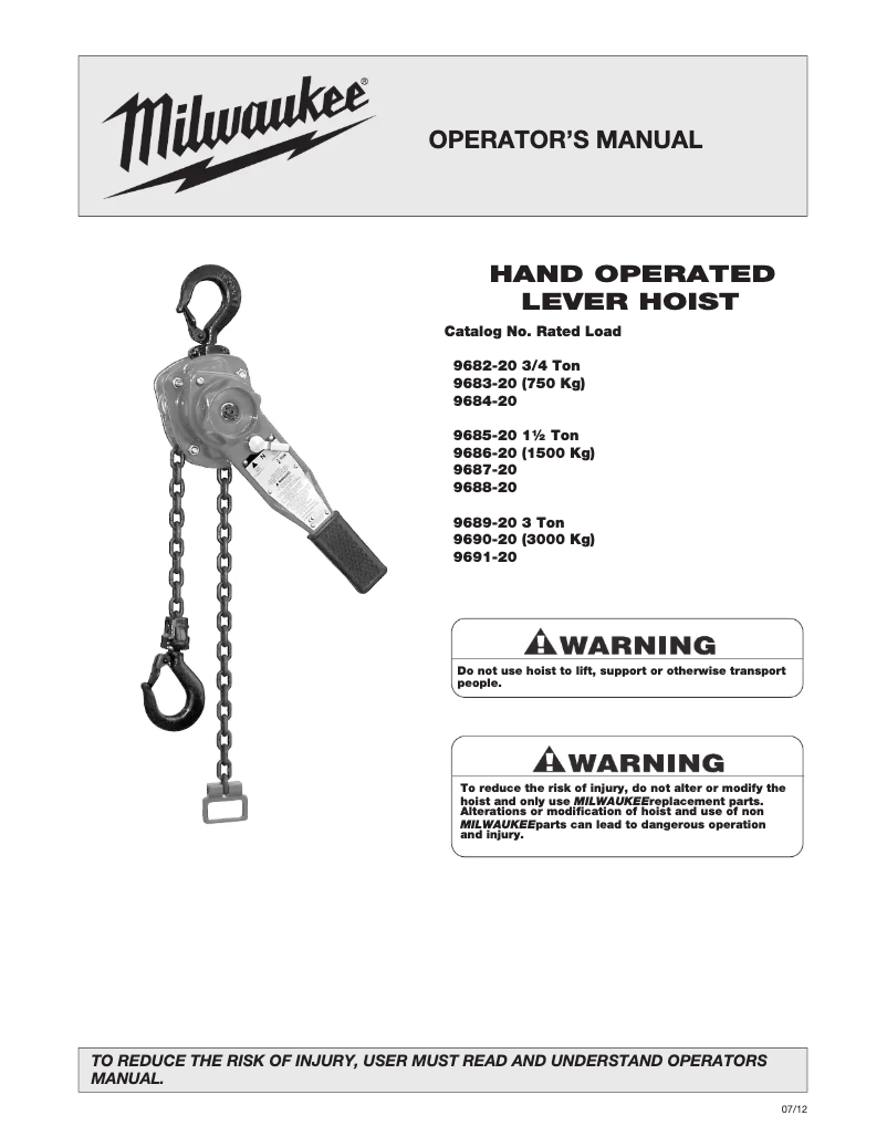 Page 1 de la notice Manuel utilisateur Milwaukee 9690-20