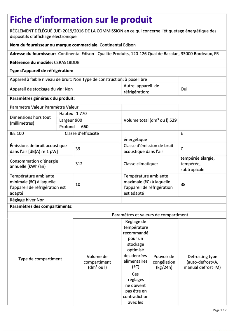 Page n°1 - Label énergétique Continental Edison CERA518DDIX