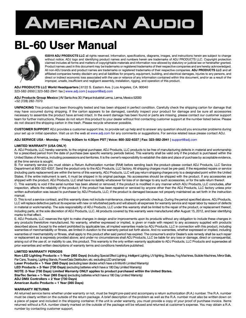 Page n°1 - Manuel utilisateur American Audio BL-60