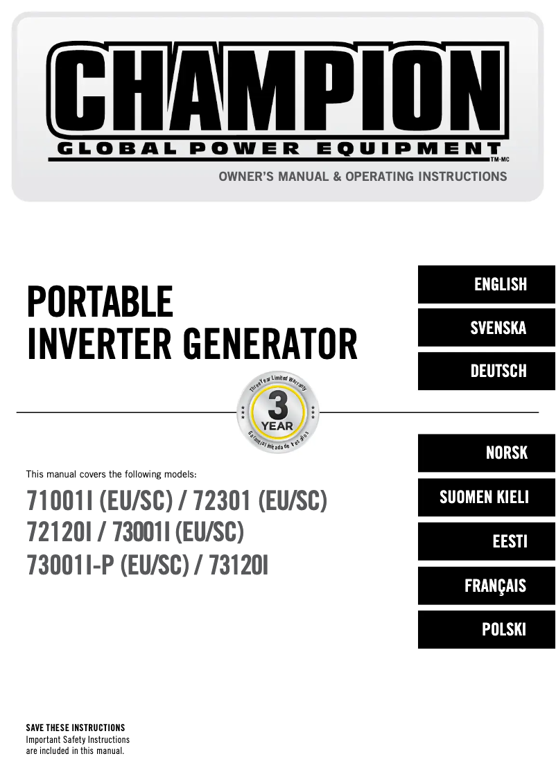 Page 1 de la notice Manuel utilisateur Champion 73001i-E