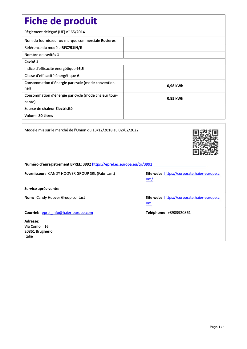 Page n°1 - Fiche technique Rosieres RFC 751 IN