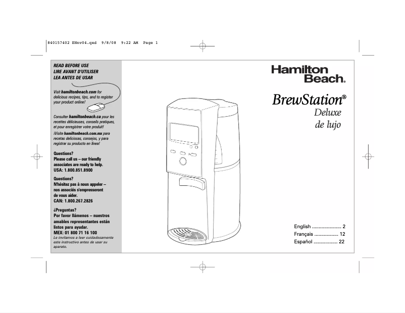 Page n°1 - Manuel utilisateur Hamilton Beach BrewStation 47334
