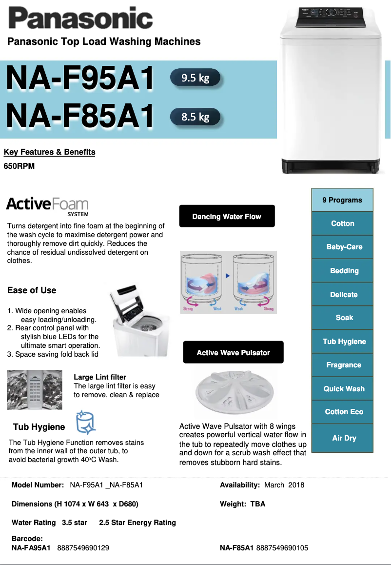 Page n°1 - Fiche technique Panasonic NA-F85A1