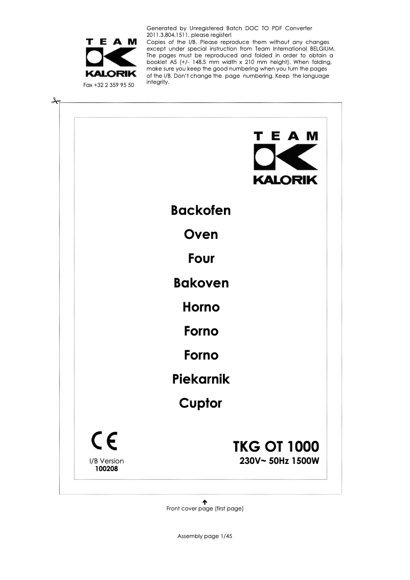 Image de la première page du manuel de l'appareil TKG OT 1000