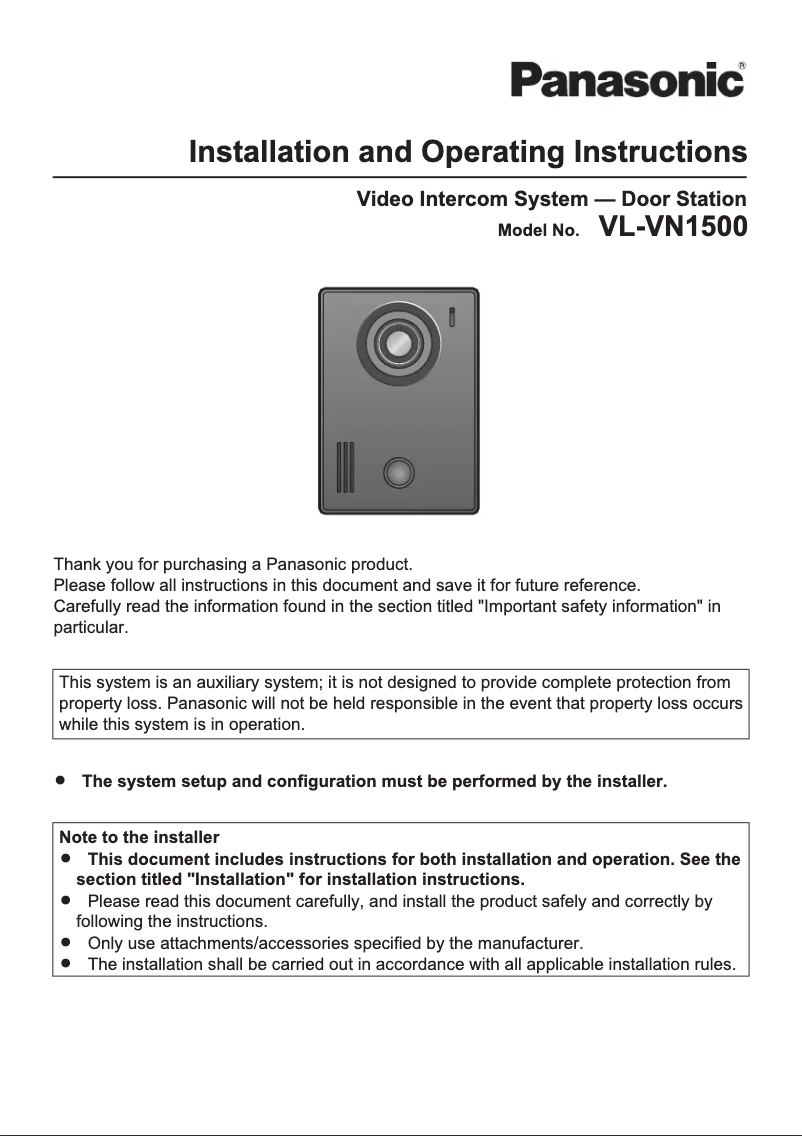 Page 1 de la notice Manuel utilisateur Panasonic VL-VN1500SX