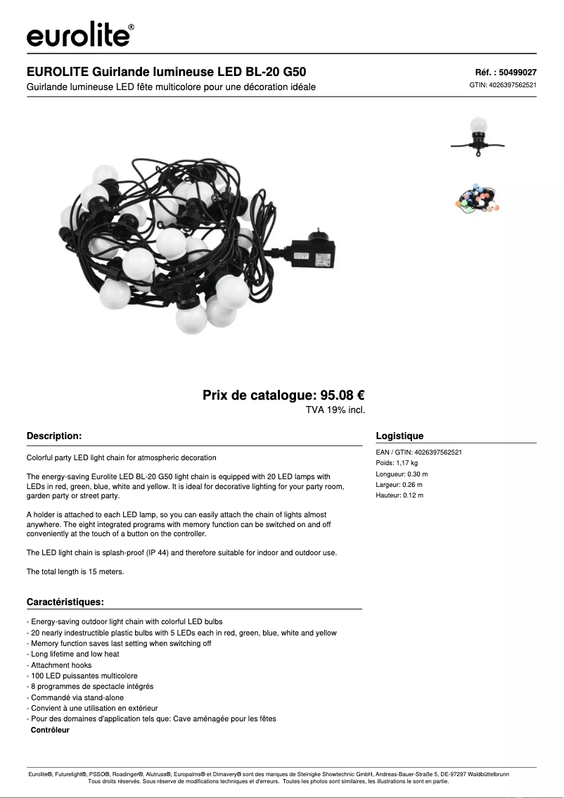 Page 1 de la notice Fiche technique Eurolite LED BL-20 G50