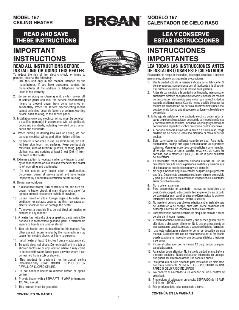 Página 1 del manual Guía de instalación Broan 157