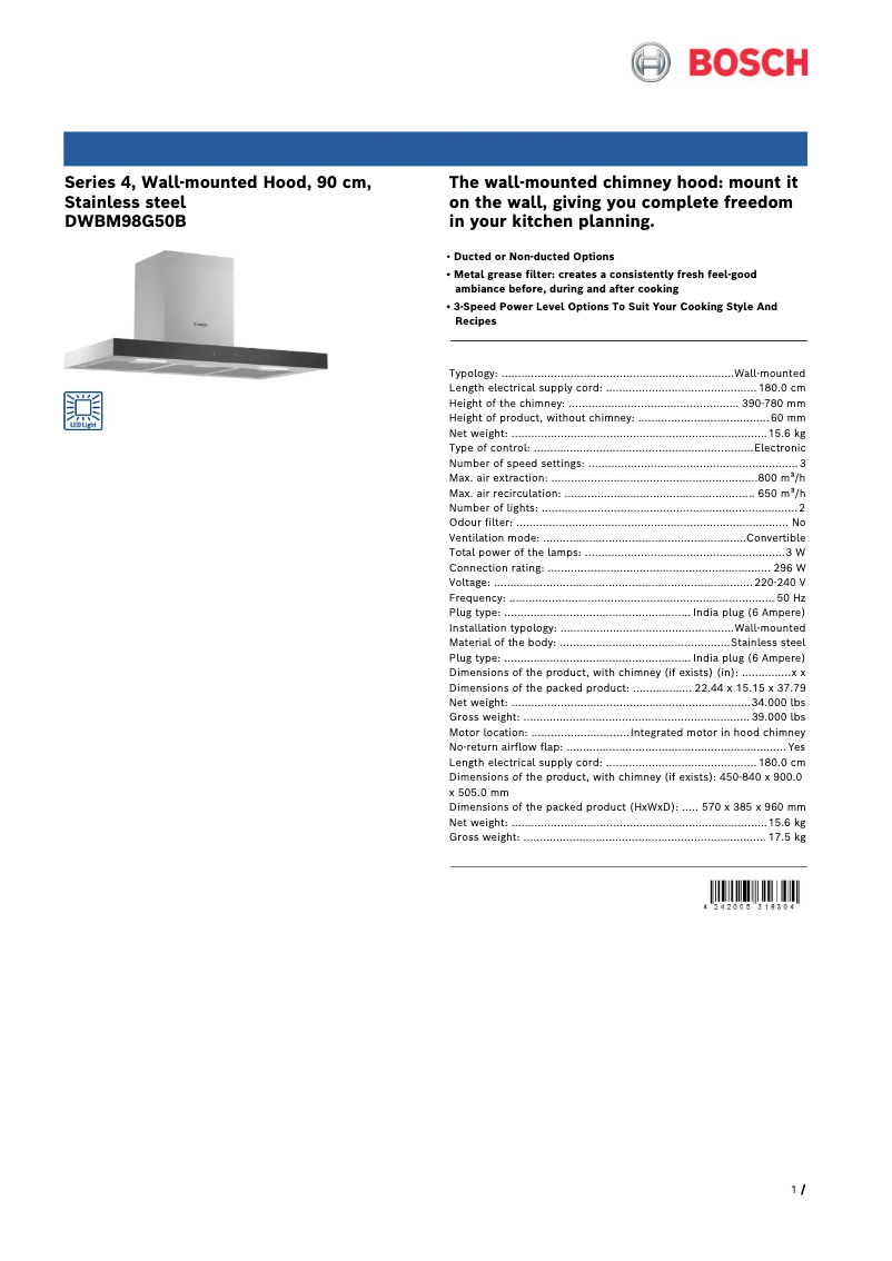 Page 1 de la notice Fiche technique Bosch DWBM98G50B