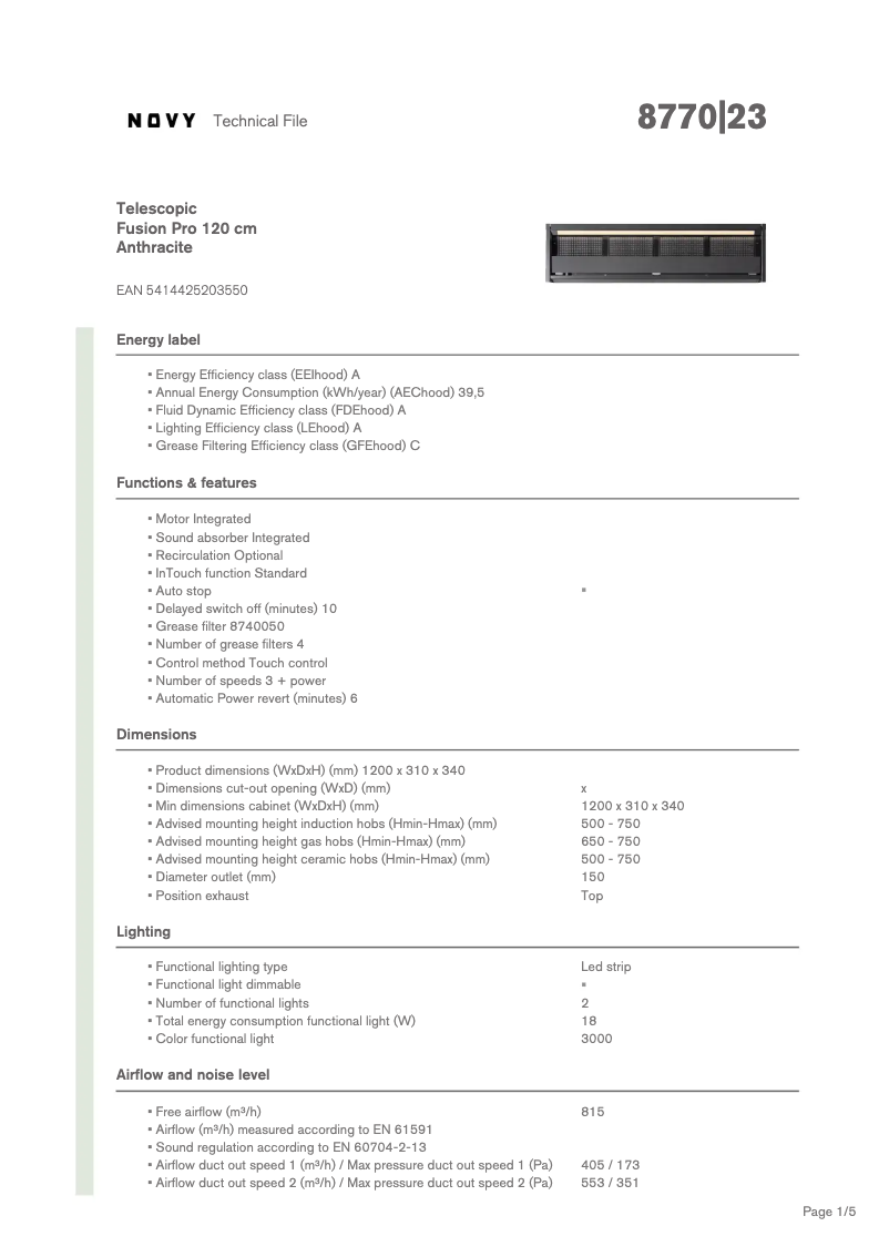 Page n°1 - Fiche technique Novy Fusion Pro 8770