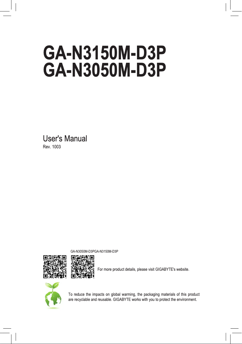 Page 1 de la notice Manuel utilisateur Gigabyte GA-N3050M-D3P