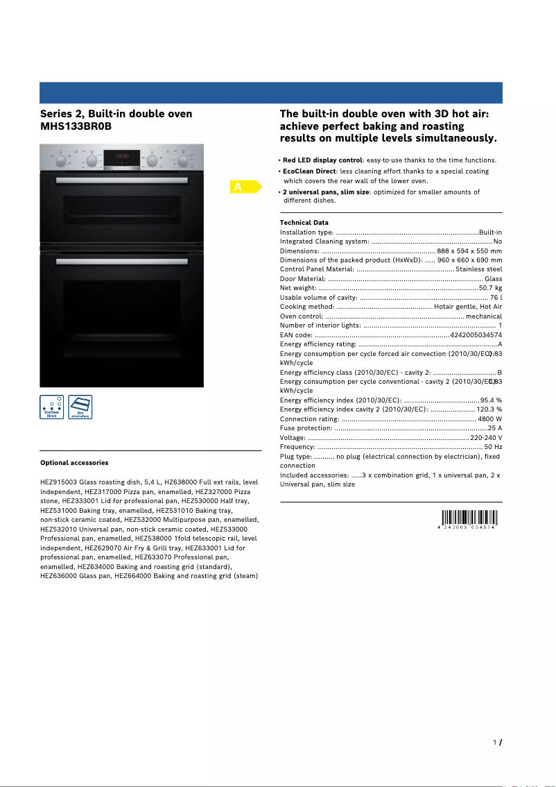 Page 1 de la notice Fiche technique Bosch MHS133BR0B