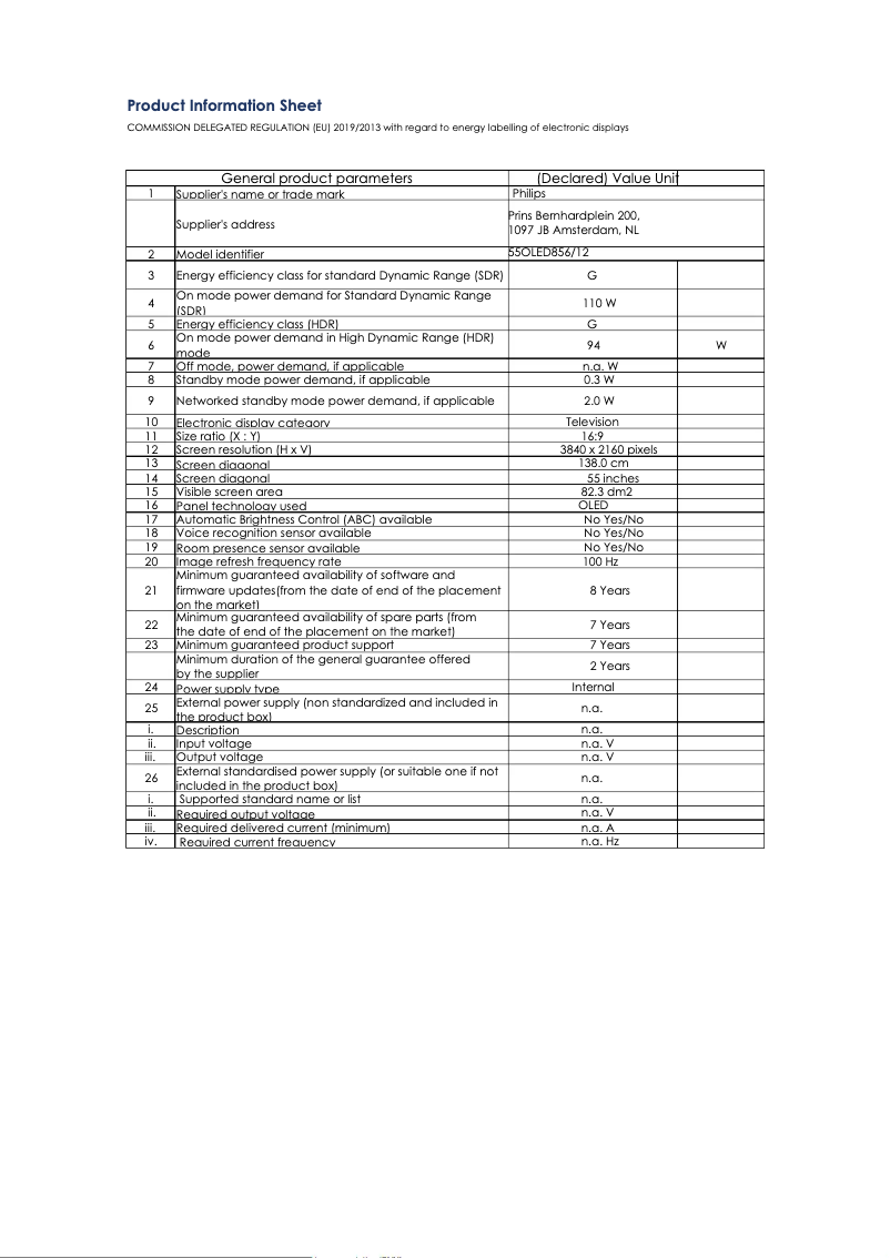 Page 1 de la notice Fiche technique Philips 55OLED856