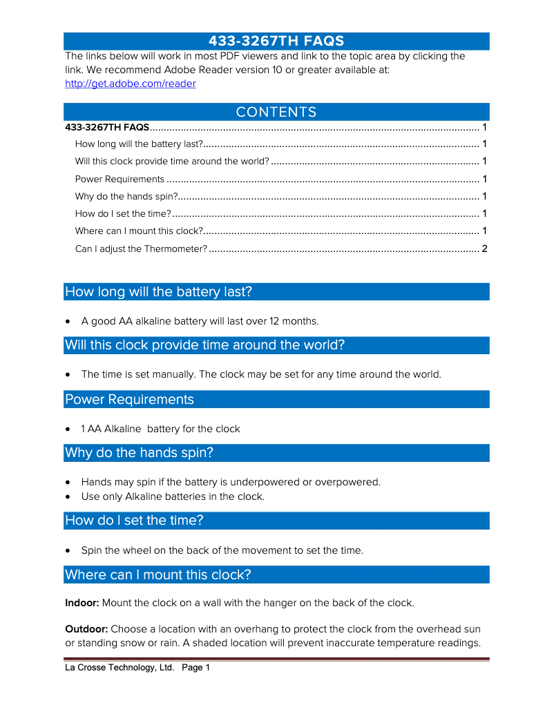 Page 1 of the manual FAQ La Crosse Technology 433-3267TH