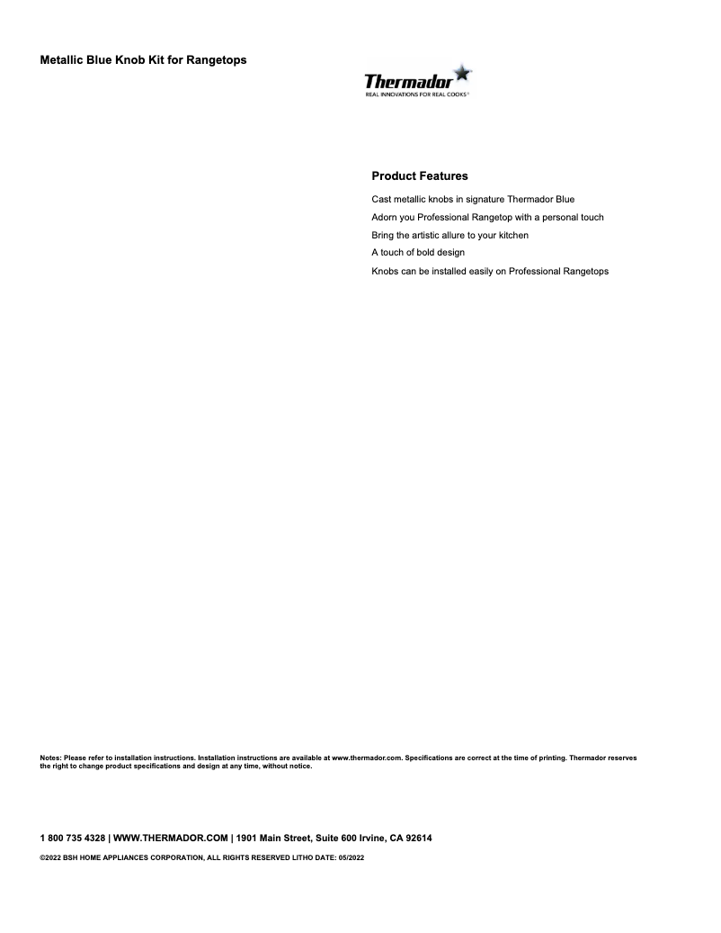 Page 1 de la notice Fiche technique Thermador PAKNOBLUWR