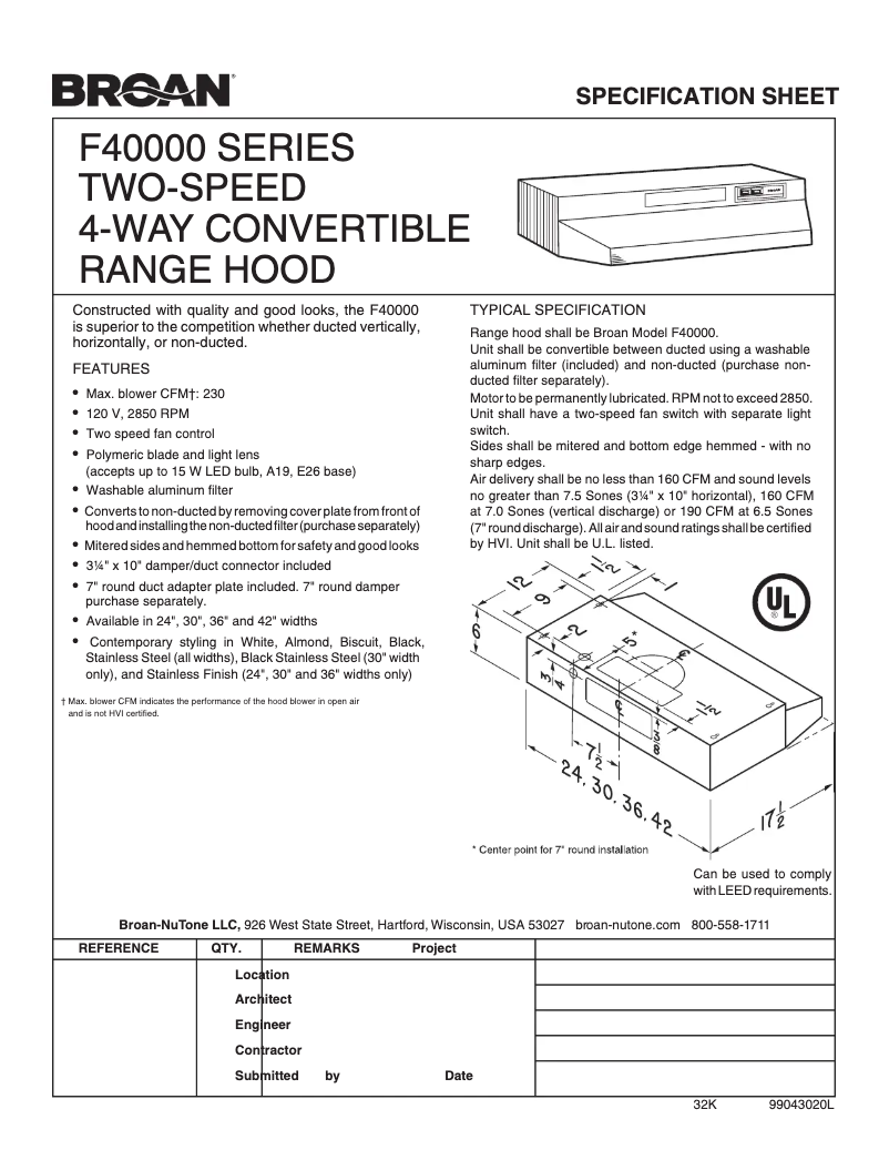 Page n°1 - Fiche technique Broan F403008