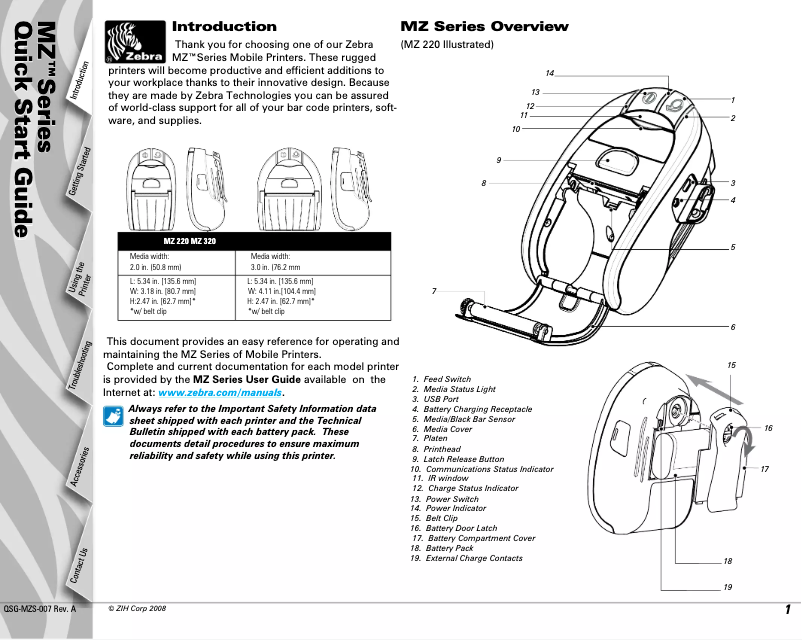 Page 1 de la notice Manuel utilisateur Zebra MZ 220